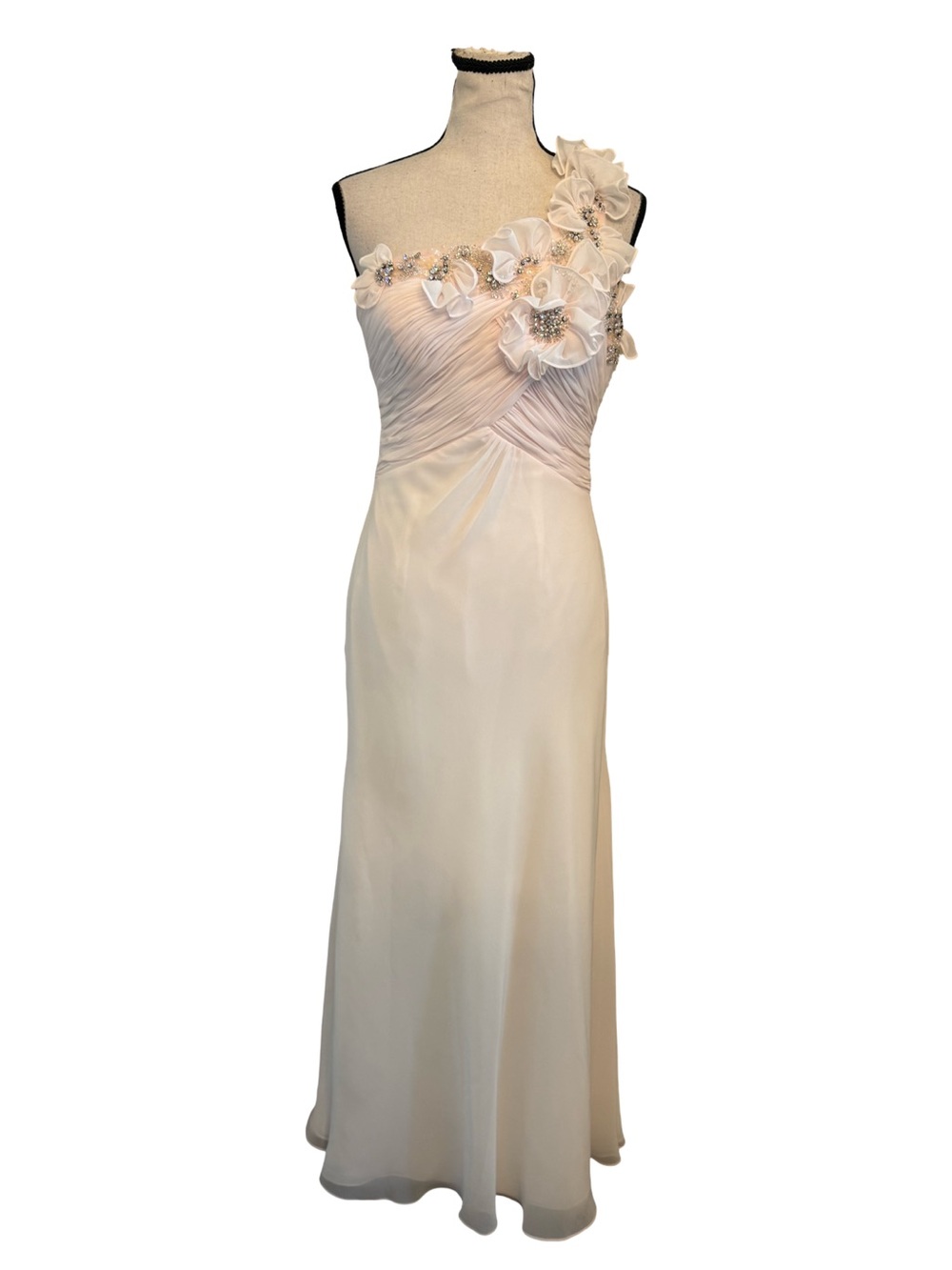 Vtg Blush Pink Floral Beaded Evening Gown Maxi Dress One Shoulder Rhinestone Sz